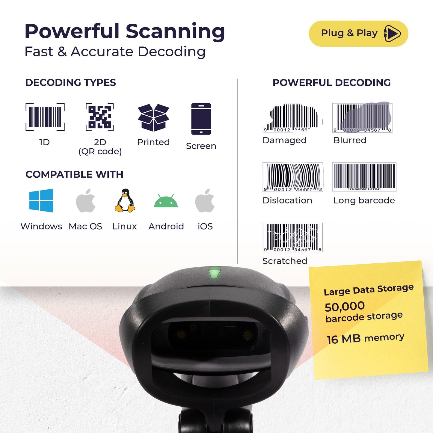 2D Wireless BT+2.4G Barcode Scanner with Stand - V-LHHBS-A1