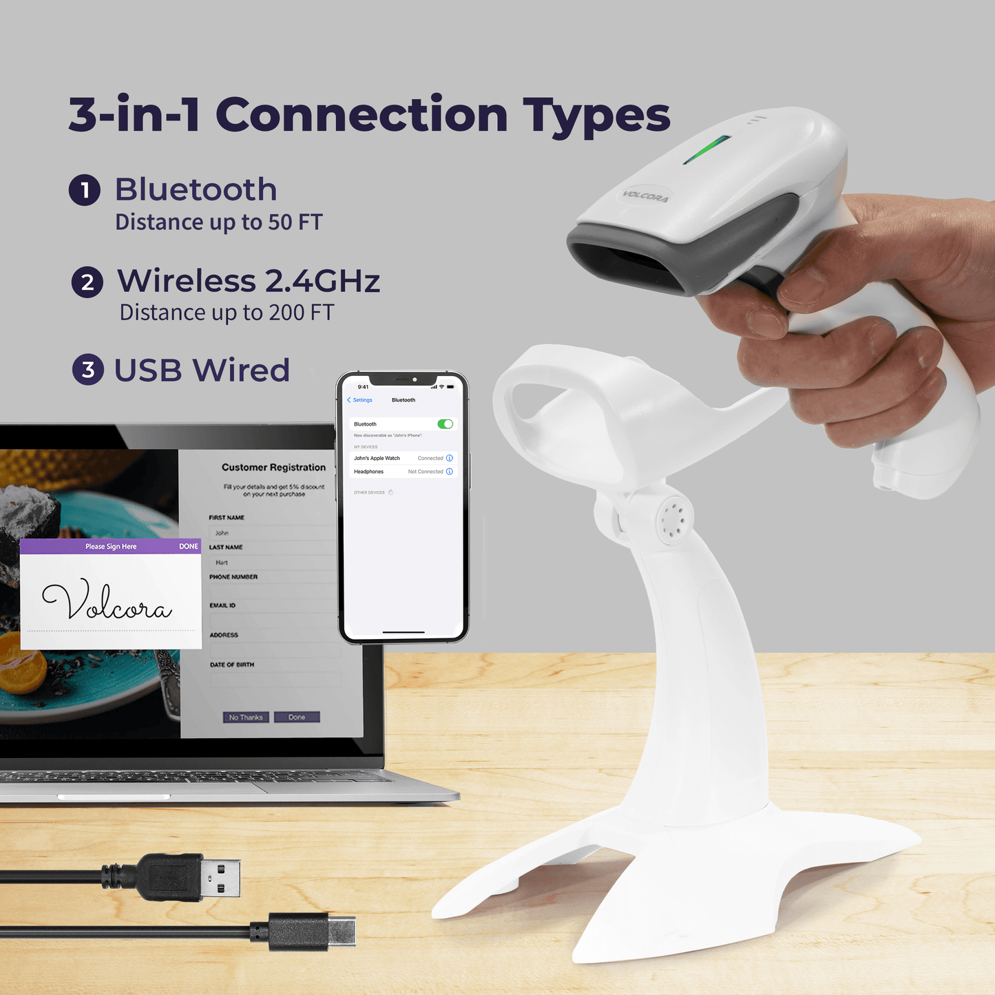 2D Wireless BT+2.4G Barcode Scanner with Stand - V-LHHBS-A1
