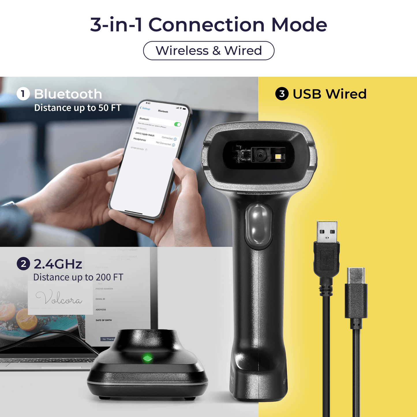 2D Wireless BT+2.4G High Performance Barcode Scanner with Charging Base - V-HHBS-A1