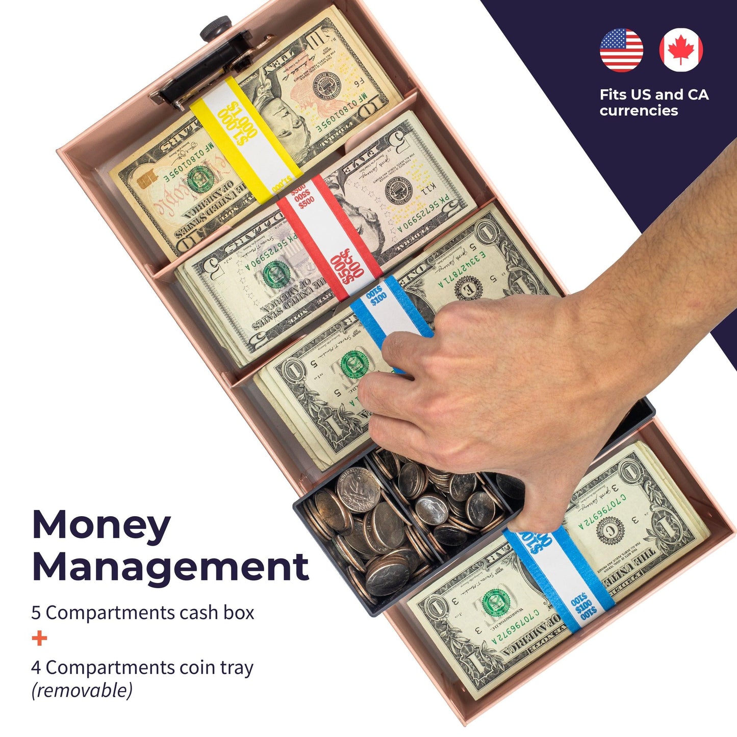 5 Compartment Cash Lock Box with Coin Tray