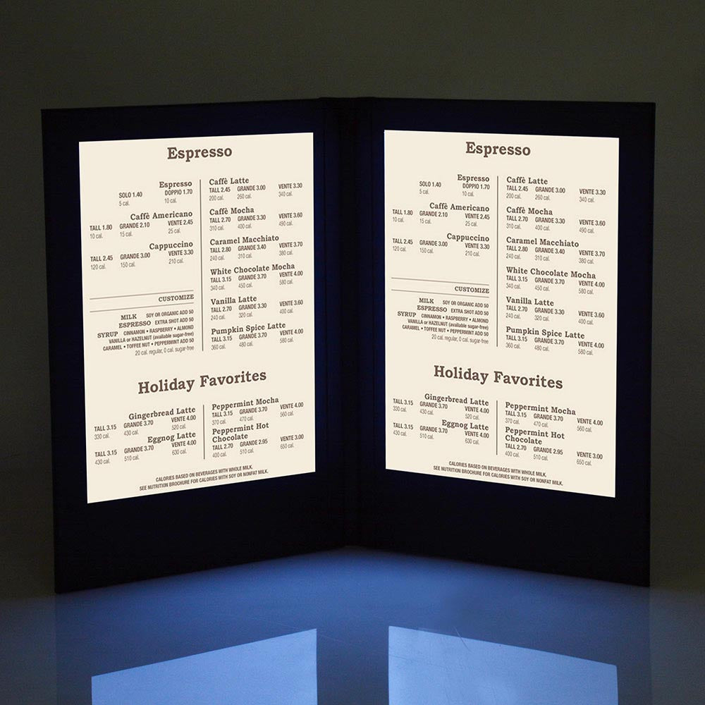 LED Back Lit Folded Menu Holder Dual Page 8.5x11in