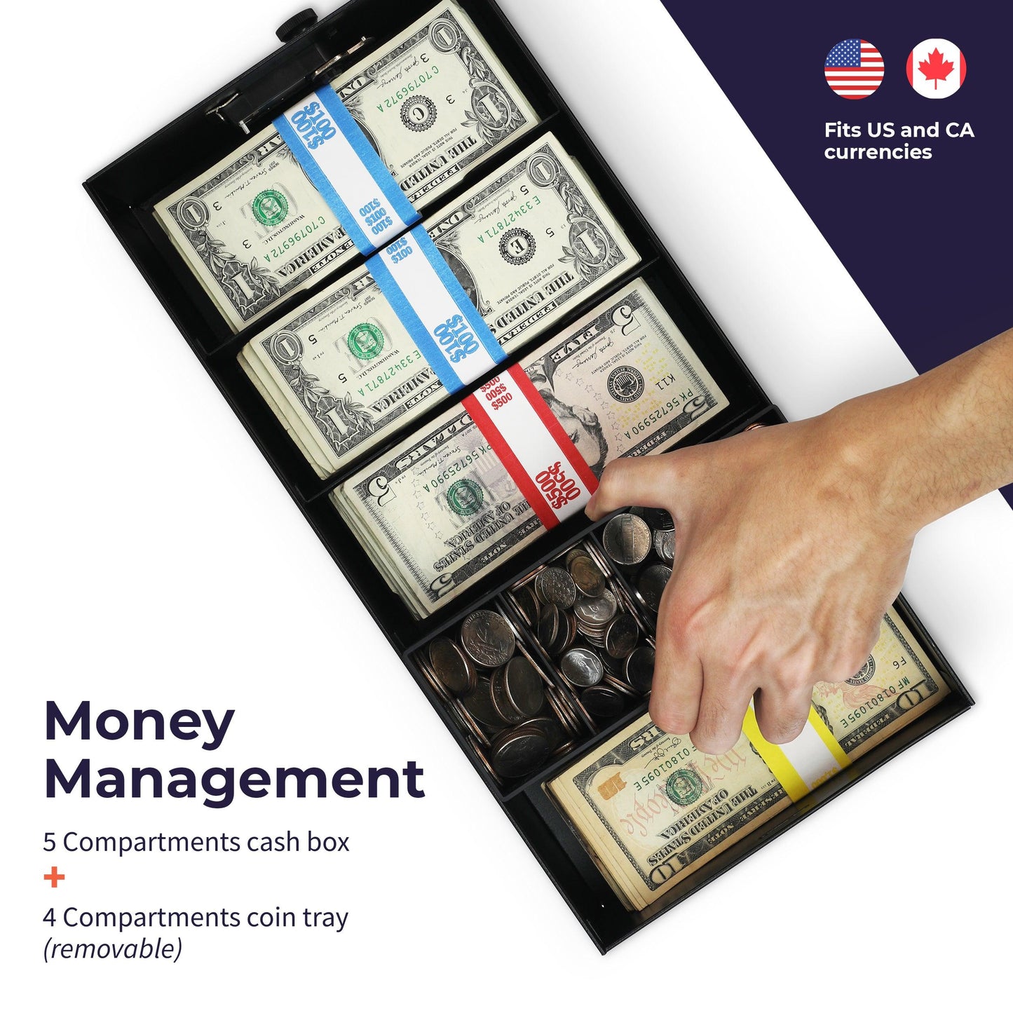 5 Compartment Cash Lock Box with Coin Tray