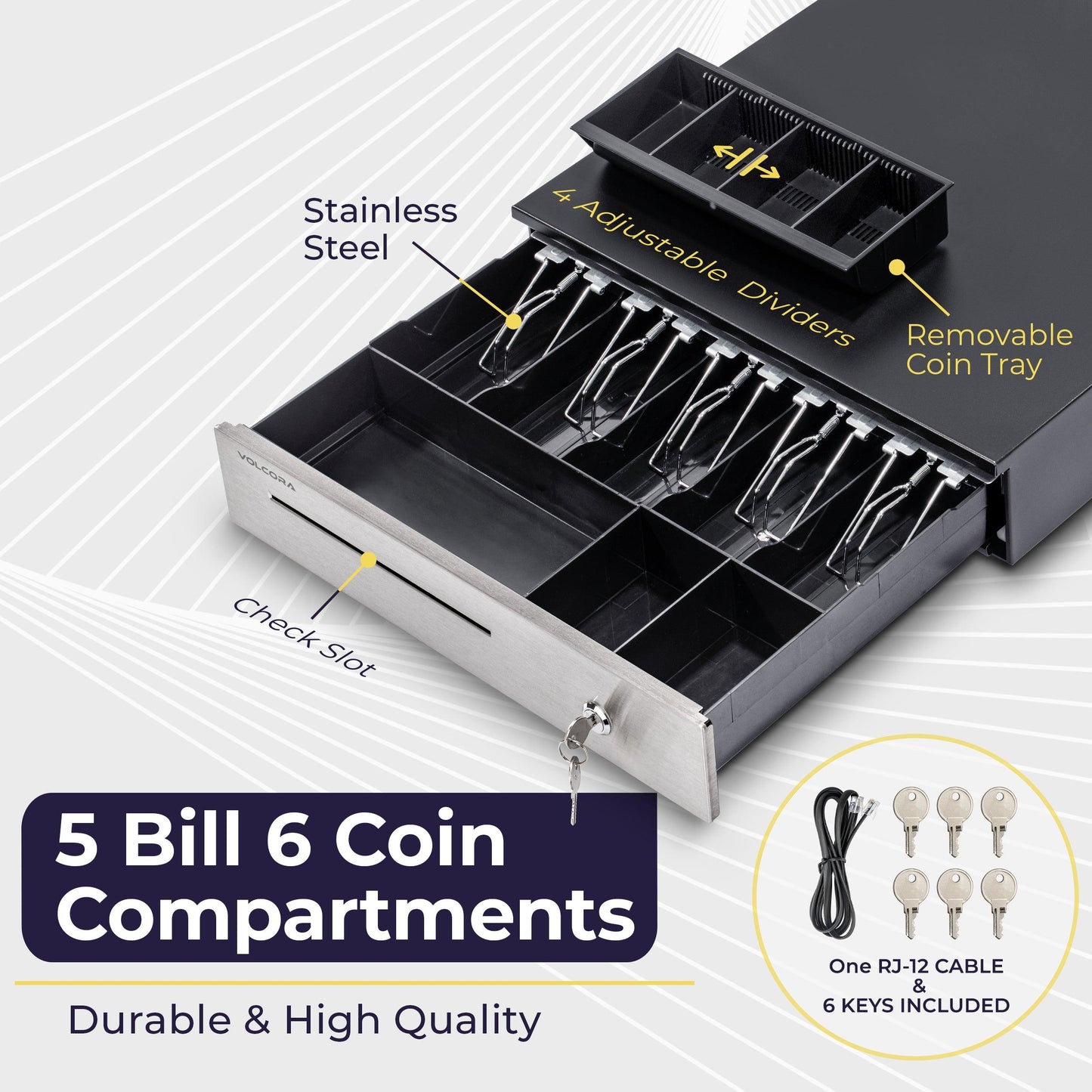 16'' Cash Register Drawer w/ 5 Bill 6 Coin Cash Tray, Auto-open, Black, with Stainless Steel Front