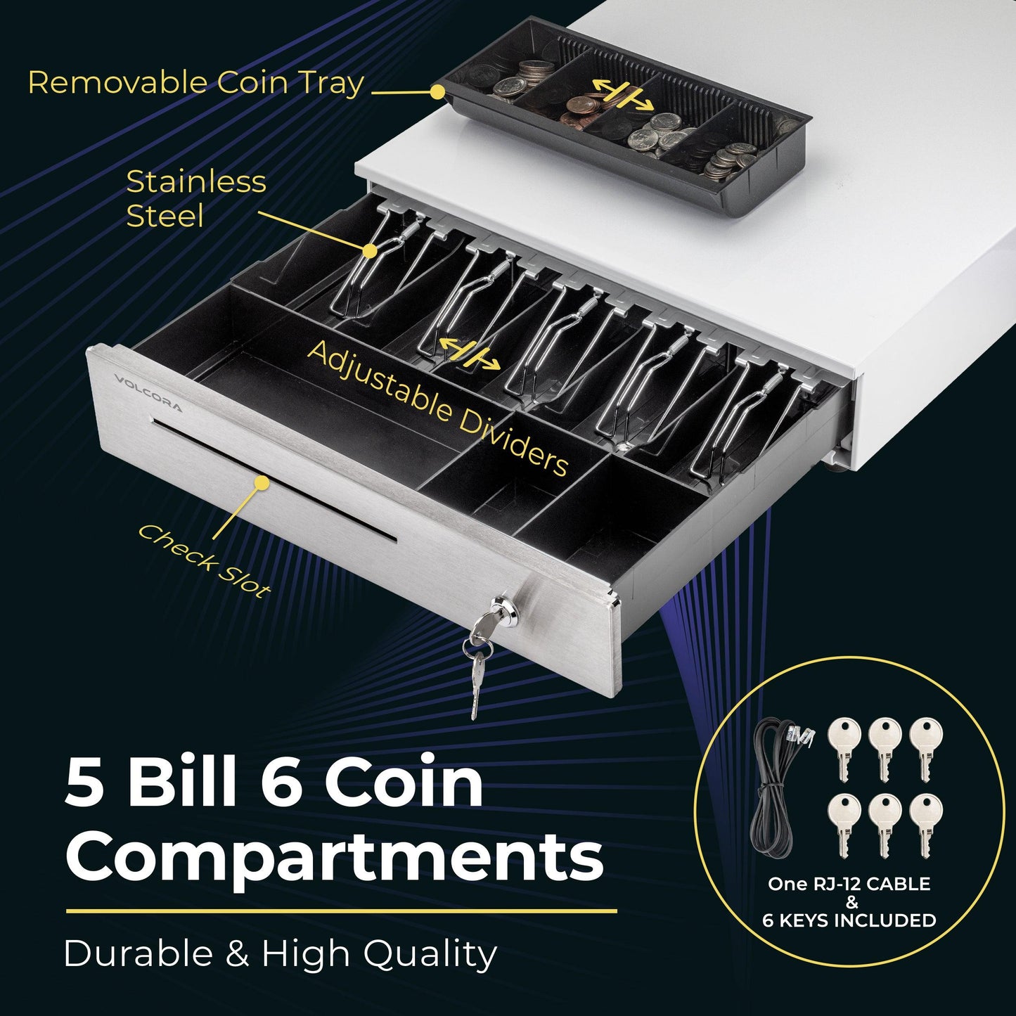 16'' Cash Register Drawer with 5 Bill 6 Coin Cash Tray, White with Stainless Steel Front