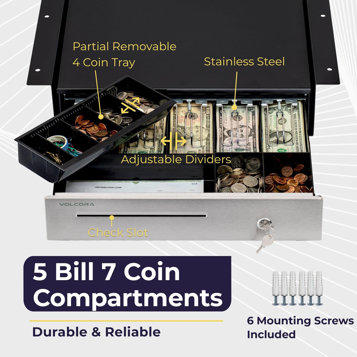 16'' Cash Register Drawer w/ 5 Bill 6 Coin Cash Tray, Auto-open, Black, with Stainless Steel Front