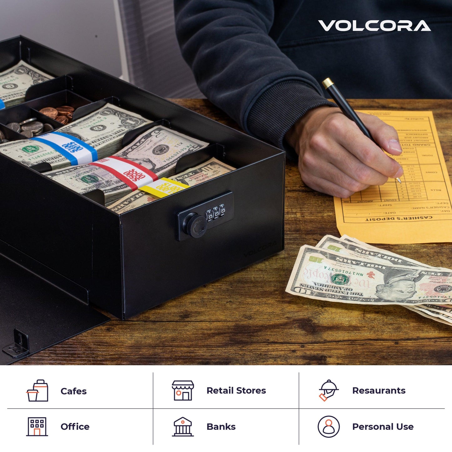 5 Compartment Cash Lock Box with Coin Tray