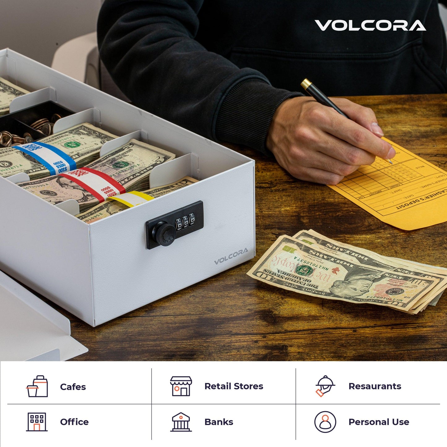 5 Compartment Cash Lock Box with Coin Tray