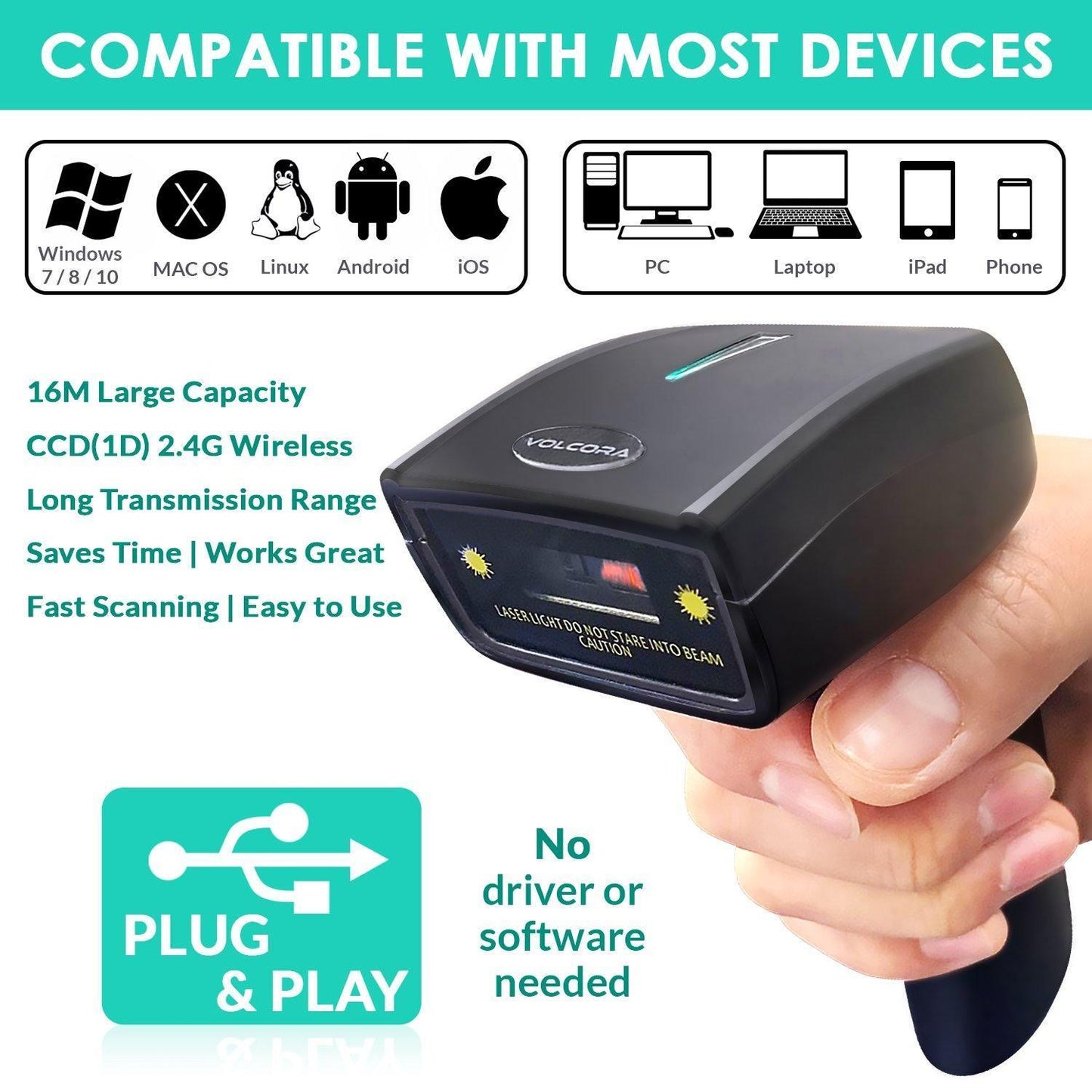 1D Wireless Barcode Scanner - Handheld CCD Bar Code Label UPC Reader