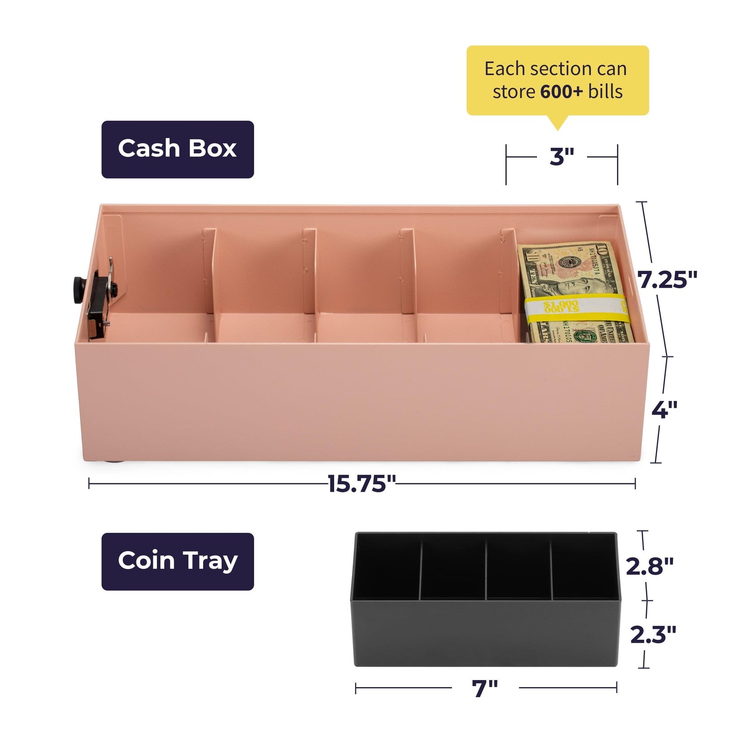 5 Compartment Cash Lock Box with Coin Tray