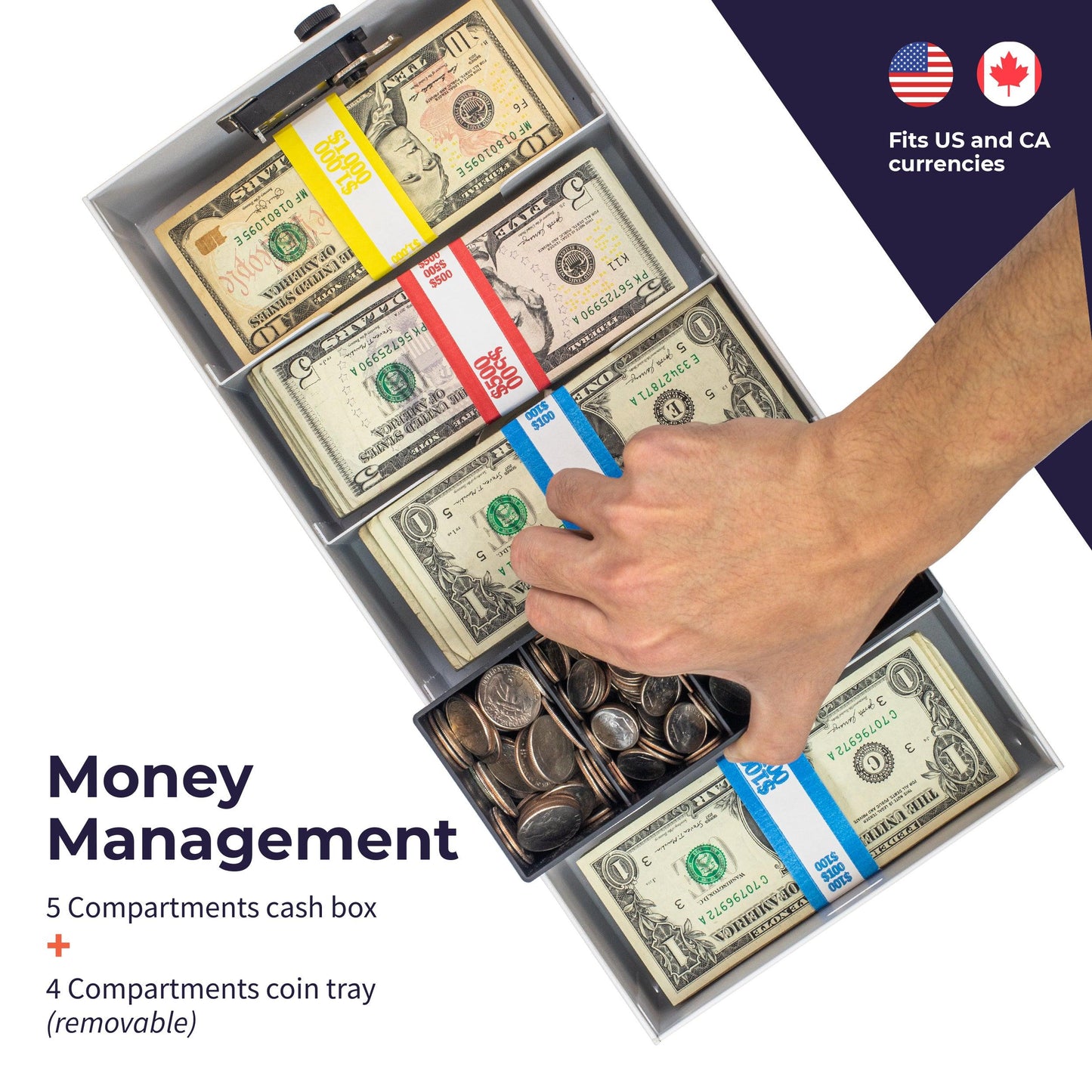 5 Compartment Cash Lock Box with Coin Tray