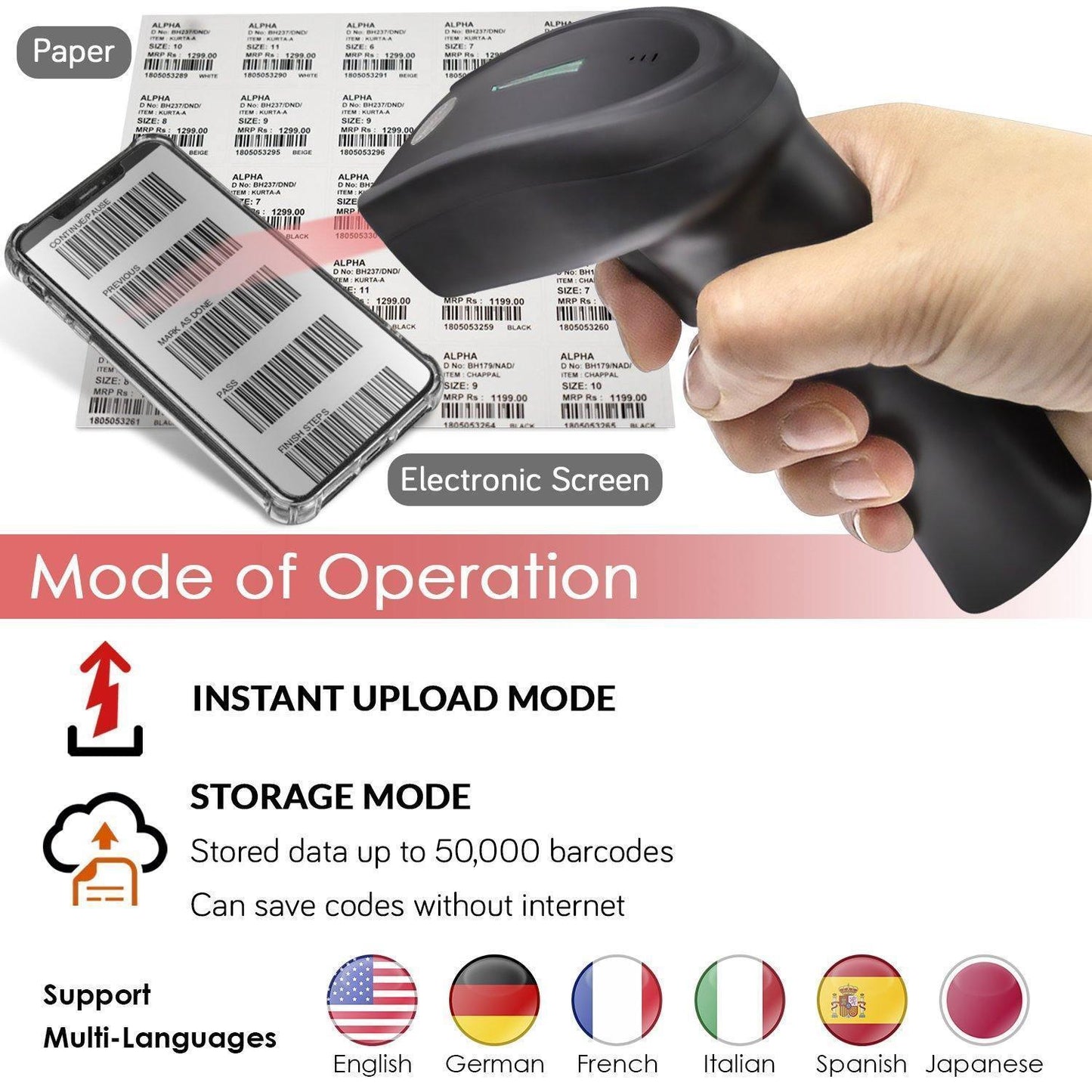 1D Wireless Barcode Scanner - Handheld CCD Bar Code Label UPC Reader